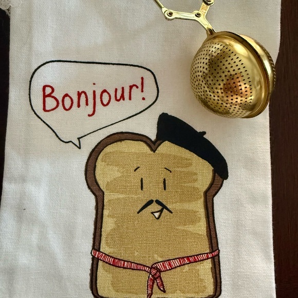 Handmade Crochet Bread & Butter Hanging Kitchen Towel - French Toast "Bonjour" - Picture 3 of 6